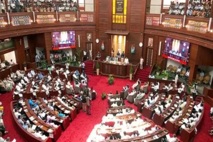 Members of the Assam Legislative Assembly gather inside the Assembly Chamber in Dispur as the 16th Budget Session officially begins.