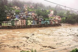 The Brahmaputra River flows at high levels near Nematighat and Tezpur as authorities monitor rising waters during Assam’s flood situation.