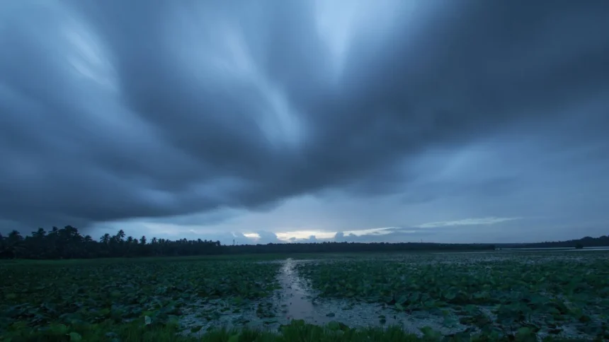 Dark monsoon clouds and steady rainfall cover a lush landscape in Northeast India as the active July monsoon strengthens across the region.
