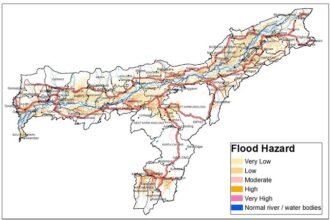 Disaster management officials review GIS flood-risk classifications after severely affected Assam districts were historically rated as low risk.