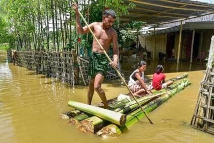 Flood-affected residents receive temporary shelter at designated relief camps established by district administrations in Assam.