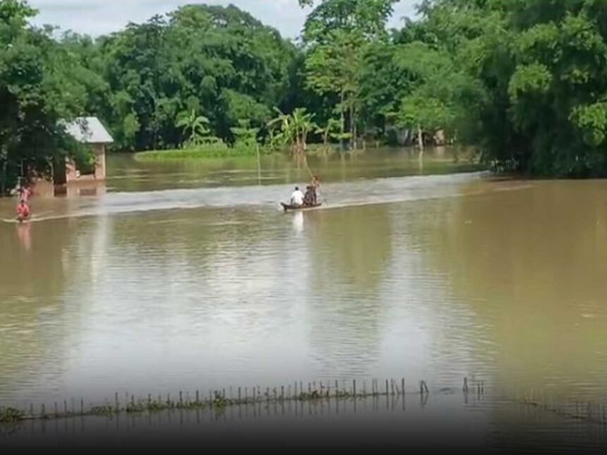 Floodwaters, silt, and mud inundate parts of Sivasagar as more than 60,000 residents reportedly face displacement.