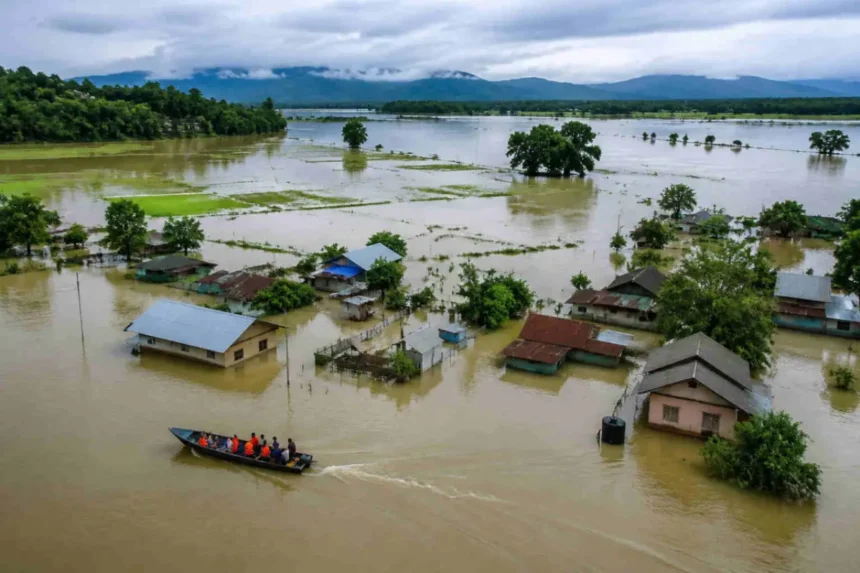 Fast-flowing rain-fed river descends through the hills of Nagaland after intense cloudbursts, carrying large volumes of water downstream toward Assam.