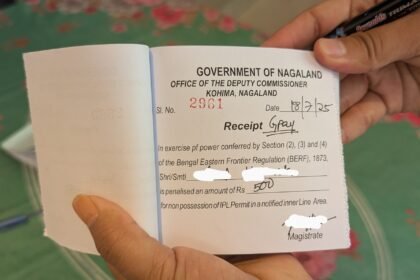 Nagaland Police officers verify Inner Line Permit documents during inspections at commercial business establishments across the state.