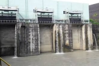 Officials monitor reservoir levels at the Doyang Hydro Project in Wokha while spillway gates remain closed during routine water management operations.