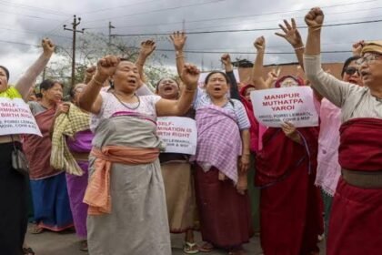 Women-led civil society groups demonstrate outside the Manipur Legislative Assembly while demanding faster government resolutions.