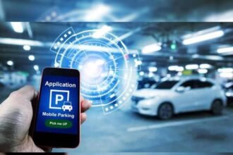 Motorists use a smartphone app to access designated smart parking spaces in downtown Kohima under the municipality's new digital parking management system.