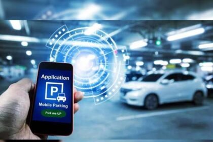 Motorists use a smartphone app to access designated smart parking spaces in downtown Kohima under the municipality's new digital parking management system.