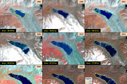 Scientists analyze satellite imagery of high-altitude glacial lakes as part of a monitoring programme using advanced remote sensing technology.