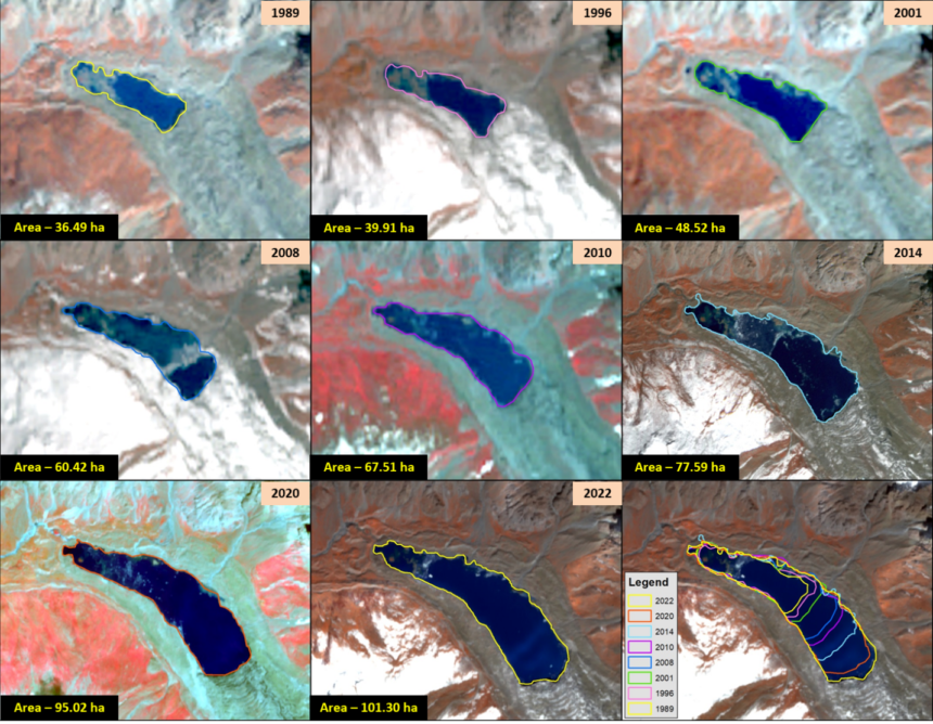 Scientists analyze satellite imagery of high-altitude glacial lakes as part of a monitoring programme using advanced remote sensing technology.