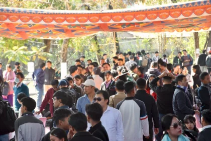 Young job seekers interact with corporate recruiters at a mega employment fair in Imphal, where more than 45 companies participate to offer career opportunities across multiple industries.