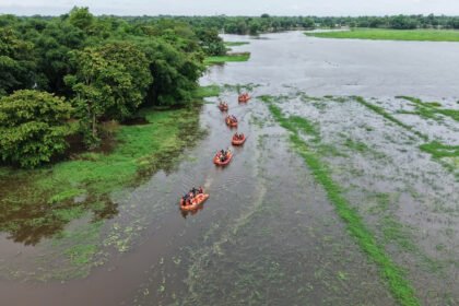 The Dhansiri river near Numaligarh flows under severe flood conditions as authorities monitor rising water levels during the monsoon season.