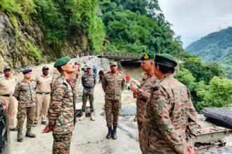 Army engineers and local officials inspect damaged road sections near Lachen while planning reconstruction and redesign work to restore regional connectivity.