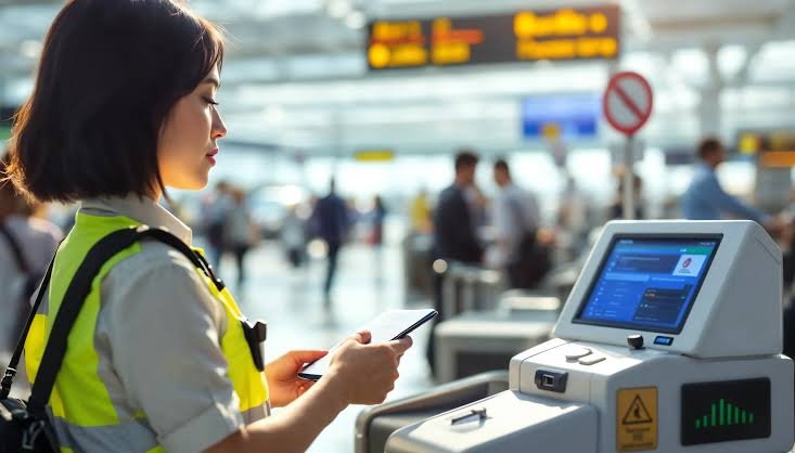 Security personnel operate newly installed biometric verification counters at the Changlang border checkpoint to strengthen identity verification and border management.