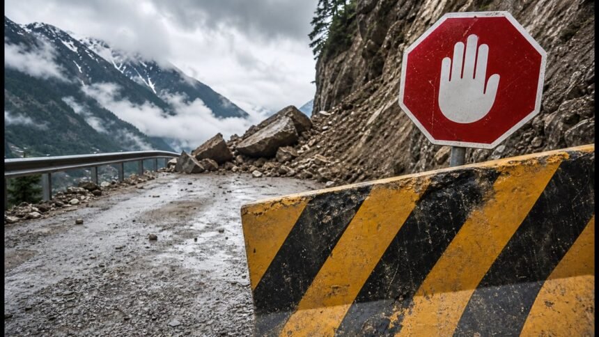 A mountain road leading to Namsai shows signs of monsoon-related damage as authorities temporarily restrict domestic tourism permits for visitor safety.