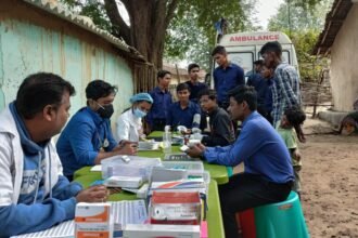 A mobile medical team visits a remote village in Upper Siang, providing healthcare services and preventive guidance against waterborne diseases during the monsoon season.