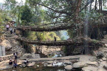 A newly strengthened steel-railed bridge replaces a damaged wooden crossing near Baghmara to improve connectivity in Meghalaya’s border region.