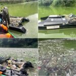Workers conduct an emergency floating trash removal drive at Umiam Lake reservoir to improve water quality and protect Meghalaya’s natural environment.
