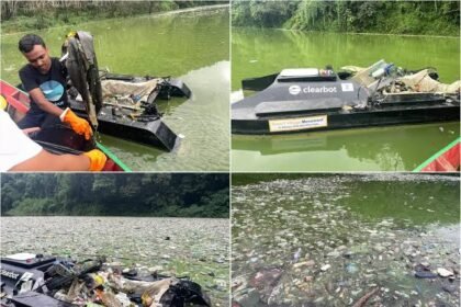 Workers conduct an emergency floating trash removal drive at Umiam Lake reservoir to improve water quality and protect Meghalaya’s natural environment.