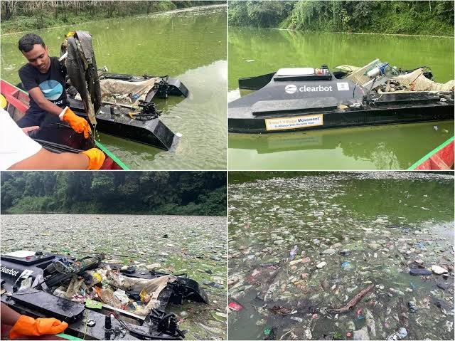 Workers conduct an emergency floating trash removal drive at Umiam Lake reservoir to improve water quality and protect Meghalaya’s natural environment.