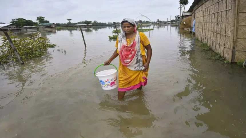Flood-affected families in Assam receive government relief assistance following displacement caused by severe flooding.