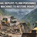 Public Works Department teams use heavy machinery to clear a major rockfall blocking the road leading to Gyalshing bazaar, restoring normal traffic access.