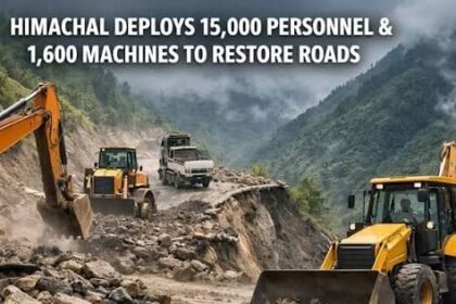 Public Works Department teams use heavy machinery to clear a major rockfall blocking the road leading to Gyalshing bazaar, restoring normal traffic access.