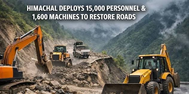 Public Works Department teams use heavy machinery to clear a major rockfall blocking the road leading to Gyalshing bazaar, restoring normal traffic access.