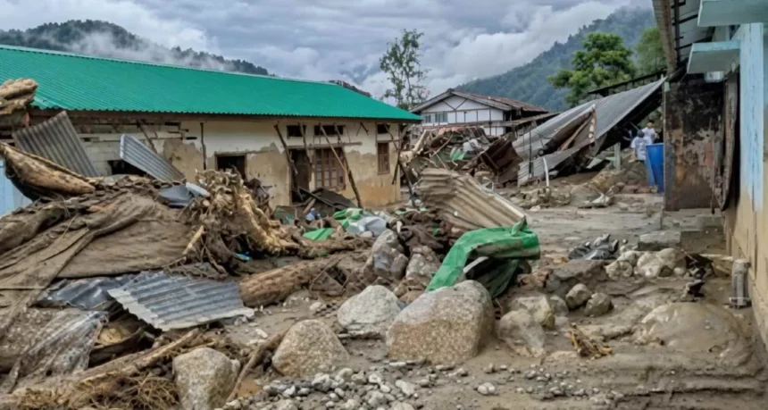 Emergency responders assess a flood-affected village near Itanagar as search efforts continue after two women were reported missing following a flash flood.
