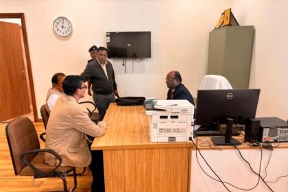 Officials inspect ongoing construction work at the permanent Sikkim University campus site in Yangang during a high-level project review.