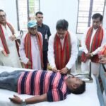 Tripura Chief Minister Manik Saha addresses a foundation-day blood donation programme at Sri Sri Mahanam Angan in Agartala