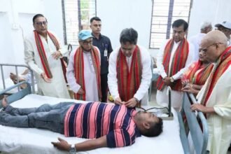 Tripura Chief Minister Manik Saha addresses a foundation-day blood donation programme at Sri Sri Mahanam Angan in Agartala