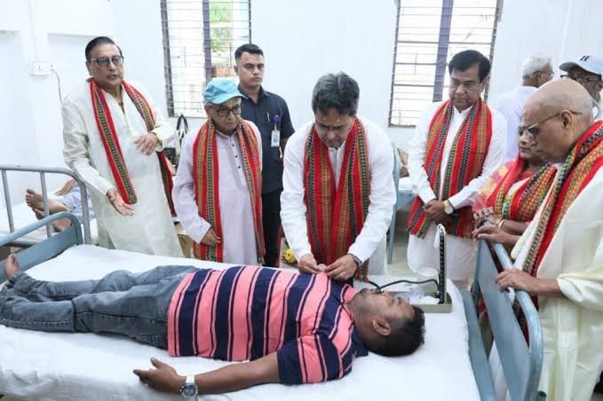 Tripura Chief Minister Manik Saha addresses a foundation-day blood donation programme at Sri Sri Mahanam Angan in Agartala
