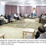 Nagaland Governor Nand Kishore Yadav reviews rubber cultivation programmes with Rubber Board officials at Lok Bhavan in Kohima.