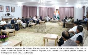 Nagaland Governor Nand Kishore Yadav reviews rubber cultivation programmes with Rubber Board officials at Lok Bhavan in Kohima.