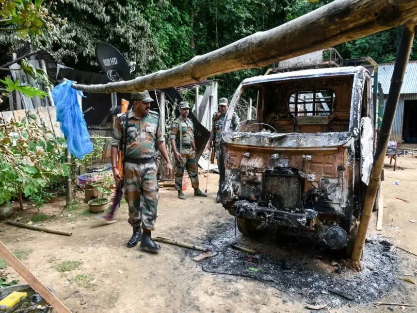 Police and protesters face a tense situation near a returnee demonstration site in Jirania, Tripura.