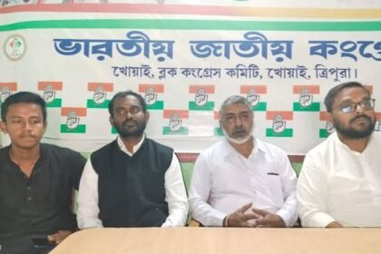 Tripura Pradesh Youth Congress president Neel Kamal Saha addresses a protest over PRTC requirements and government recruitment opportunities for local youth.