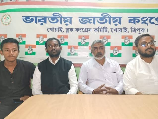 Tripura Pradesh Youth Congress president Neel Kamal Saha addresses a protest over PRTC requirements and government recruitment opportunities for local youth.