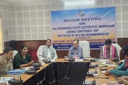 North Tripura Zilla Parishad Sabhadhipati Aparna Nath attends a media briefing at the District Magistrate's office in Dharmanagar